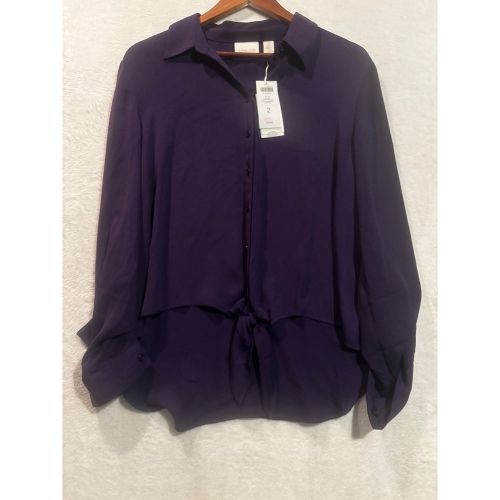 NEW Chicos Size 2 L Fun Tie Dallas Top Blouse Button Sleeves Purple Semi Sheer